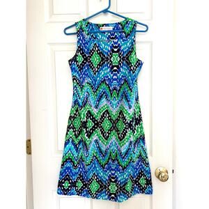 Jude Connally Dress Sleeveless Shift Blue Green Ikat Print Stretch USA Size S